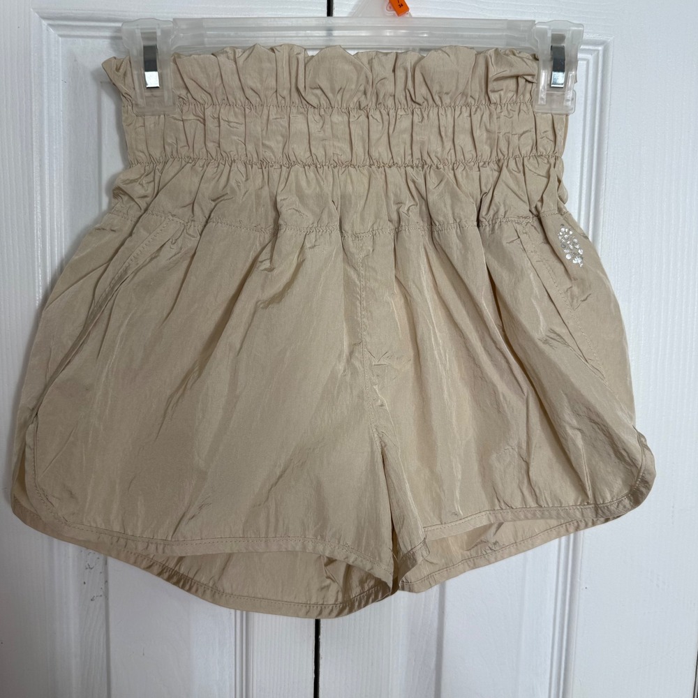 FP Movement The Way Home Shorts XS Tan High Waisted Smocked Athleisure Running